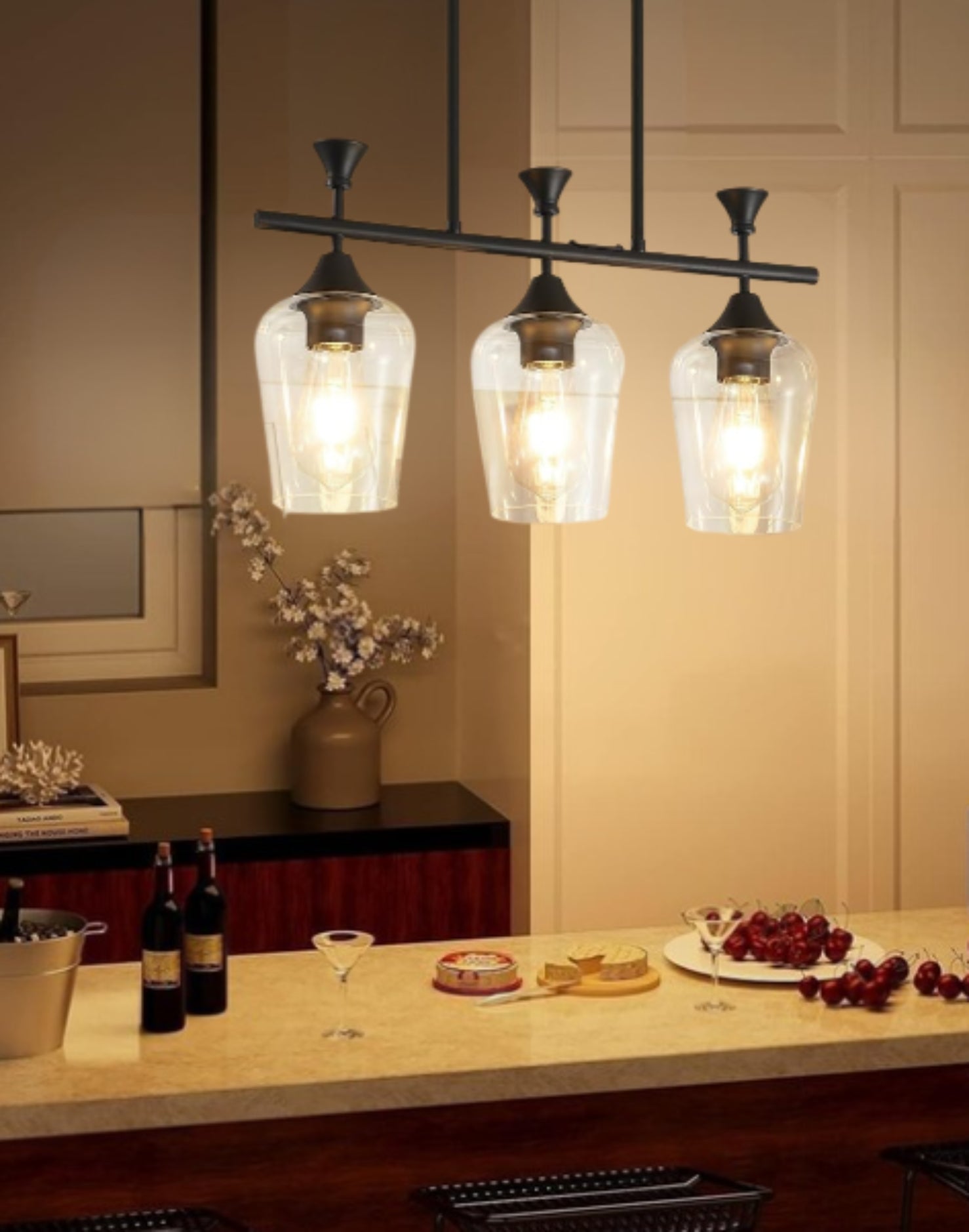 3 Light dining light fixtures matte black hanging lighting glass, meta ...