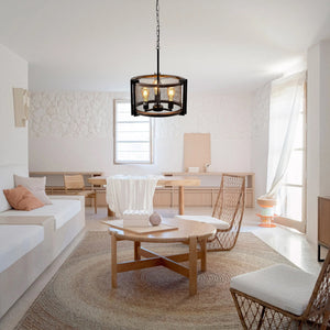 3-Light farmhouse round kitchen light black pendant light iron and wood hanging lighting
