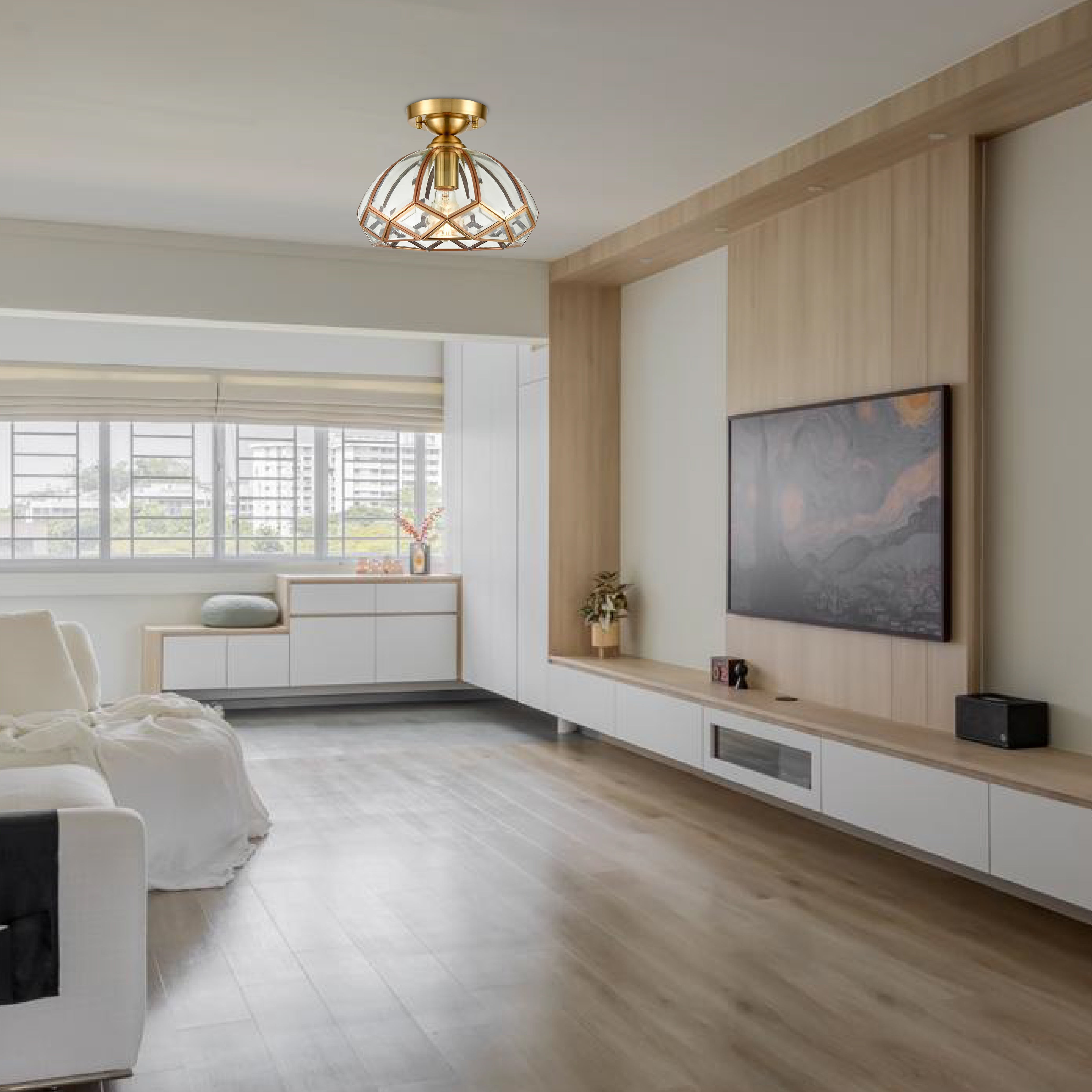 1-Light dimmabl hallway light gold and clear semi flush lamp steel and glass ceiling light
