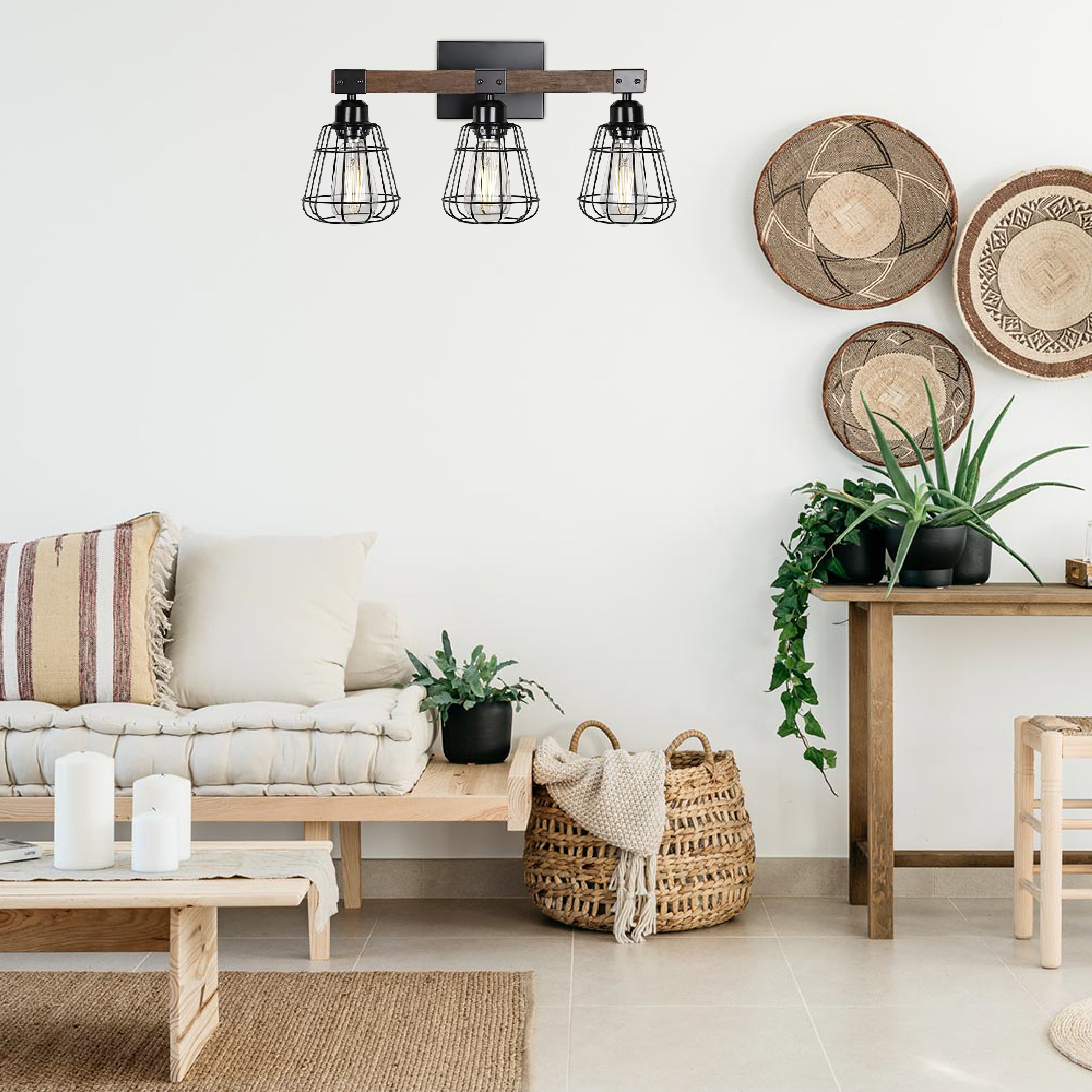 3-Light farmhouse vanity light black and walnut bathroom lighting iron and wood wall light