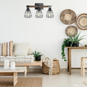 3-Light farmhouse vanity light black and walnut bathroom lighting iron and wood wall light