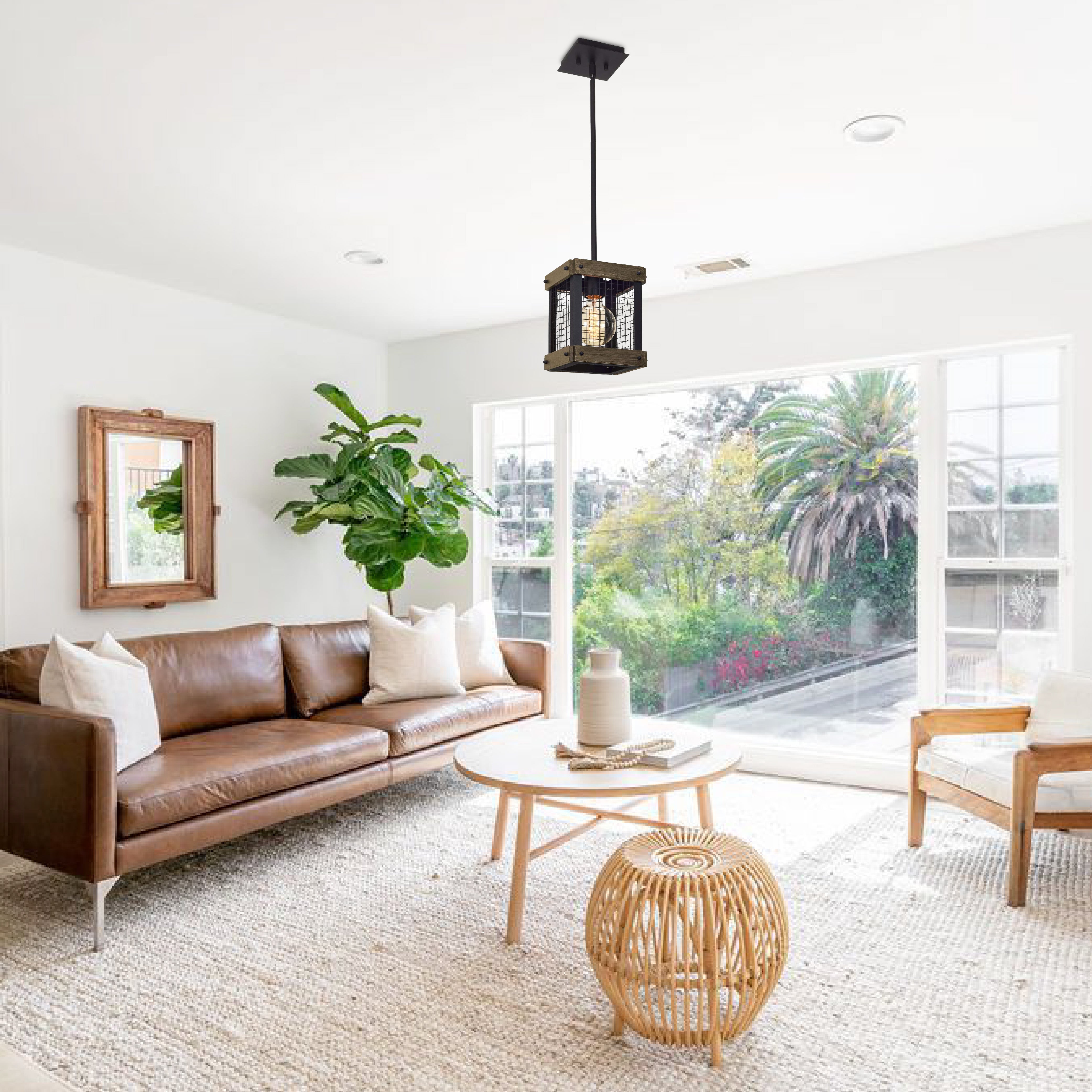 9" Farmhouse hanging light ‎textured black and walnut kitchen light iron and wood pendant light