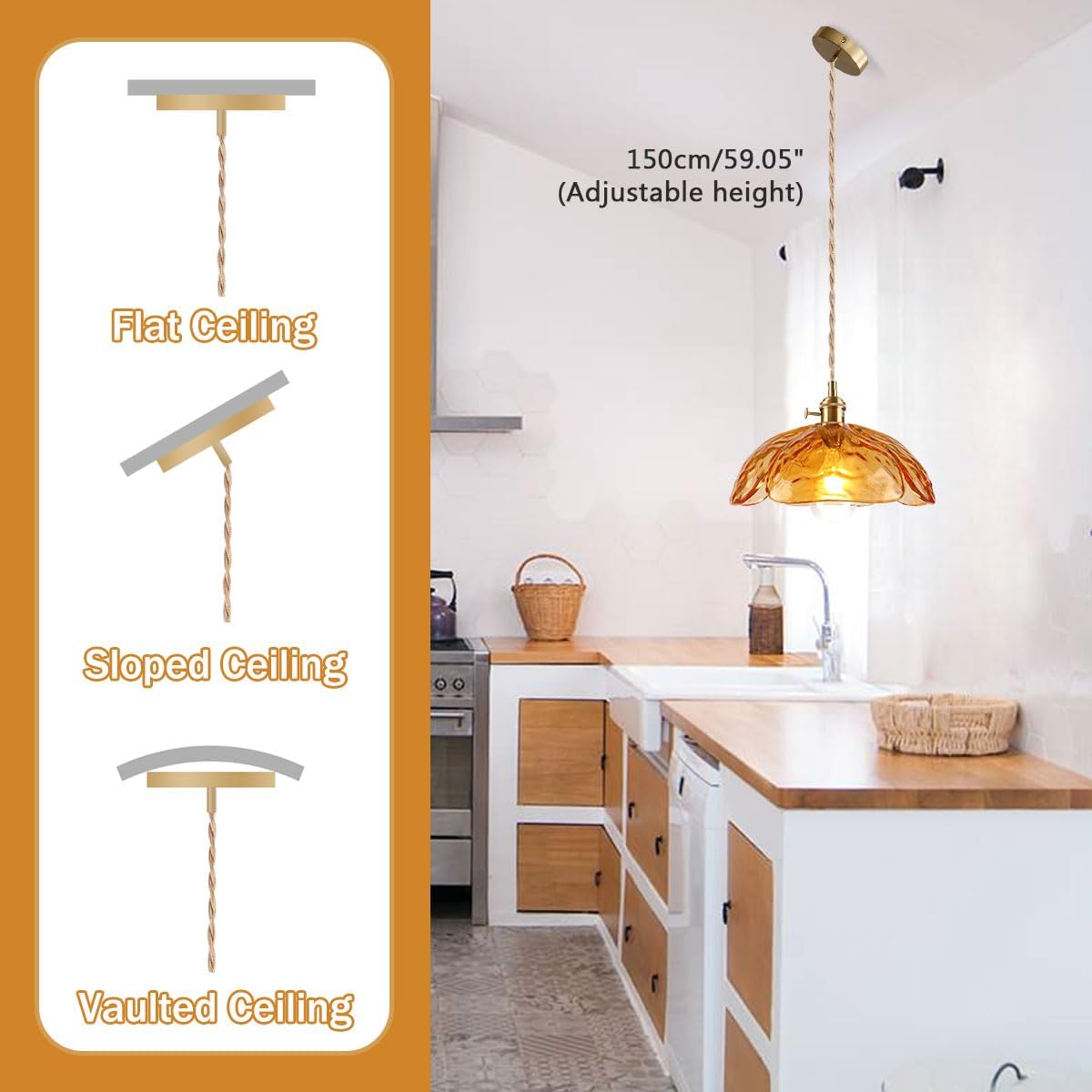 Adjustable hanging light amber pendant light brass, glass kitchen light