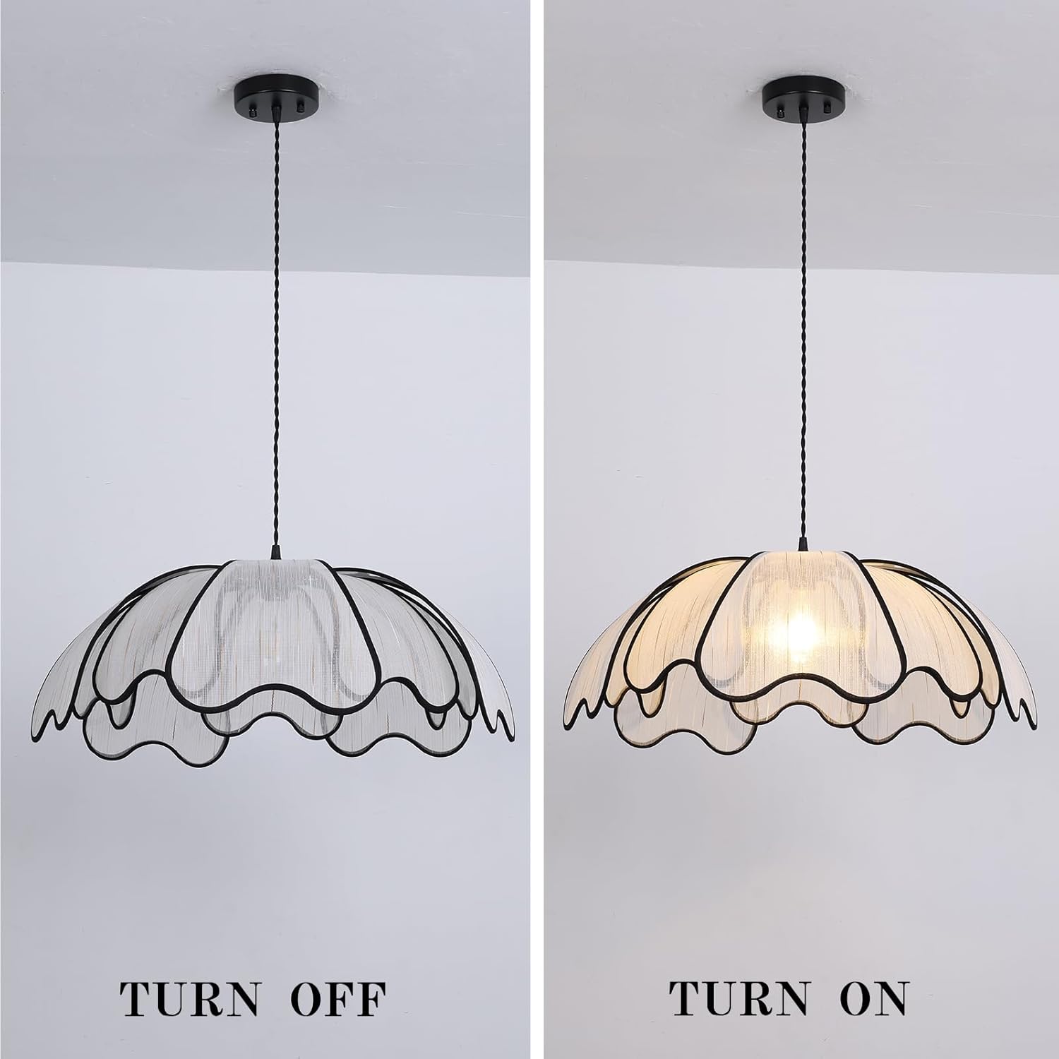 24 inch chandelier light black/white hanging light metal + plant silk pendant light
