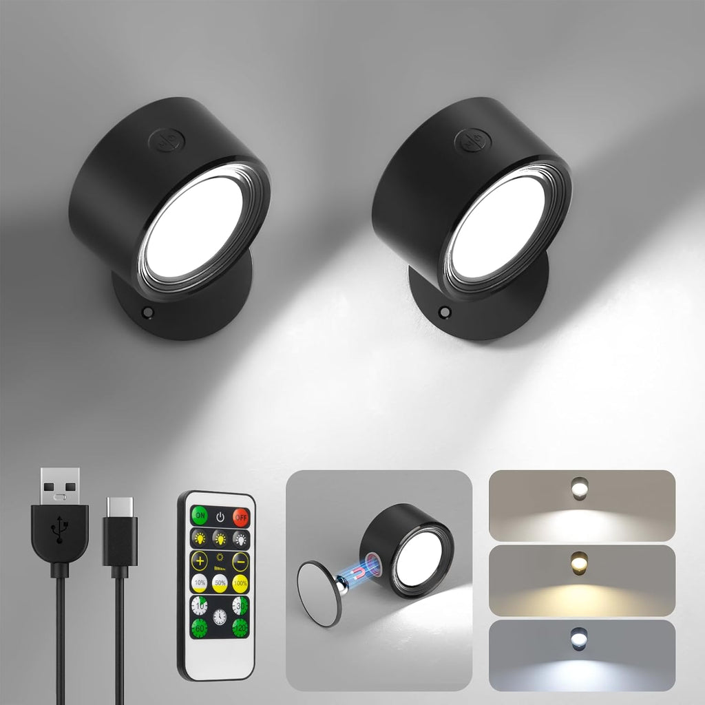 2 pcs battery operated light black rotation light plastic, metal wall light
