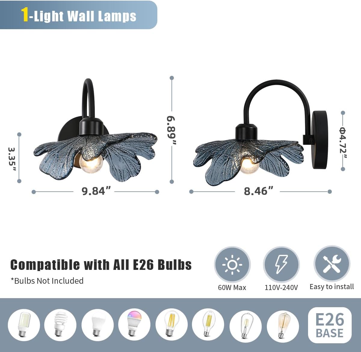 1-light vanity light blue bedroom light glass, metal wall light
