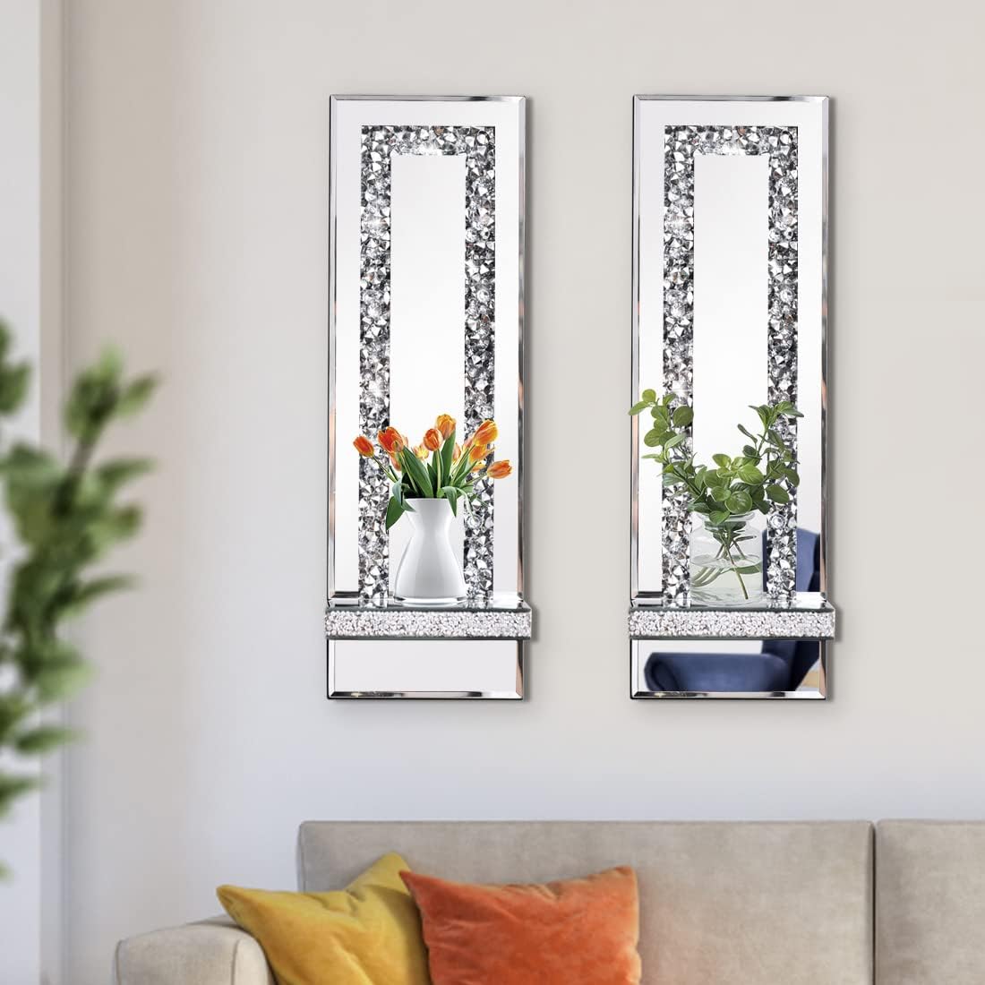 Set of 2 candle light silver wall light wood, mirror & glass decor light