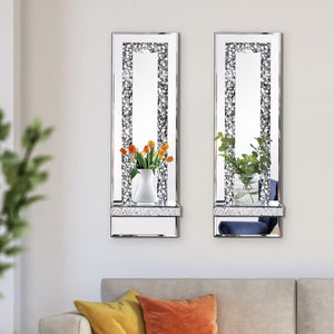 Set of 2 candle light silver wall light wood, mirror & glass decor light