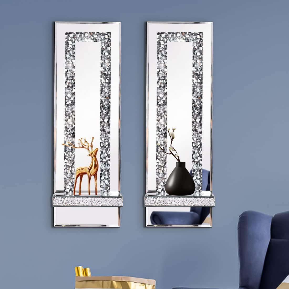 Set of 2 candle light silver wall light wood, mirror & glass decor light