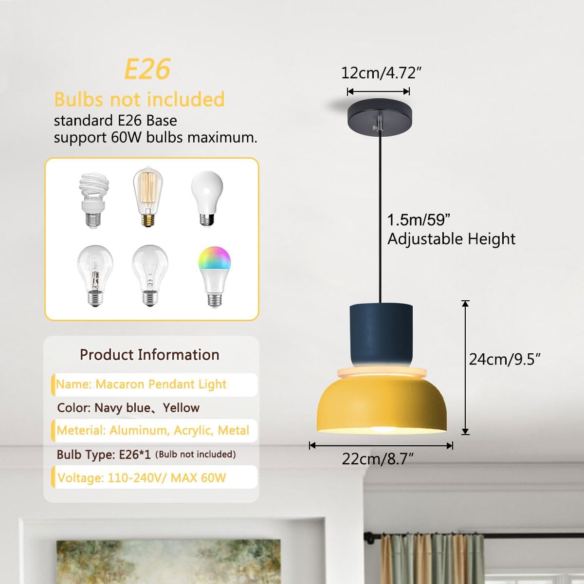 Industrial dining room light yellow and blue hanging light aluminum acrylic pendant light
