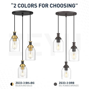 3-light pendant light black & gold hanging lamp glass, metal corridor light