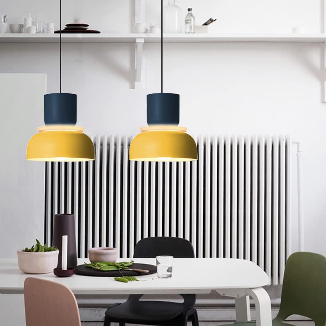 Industrial dining room light yellow and blue hanging light aluminum acrylic pendant light