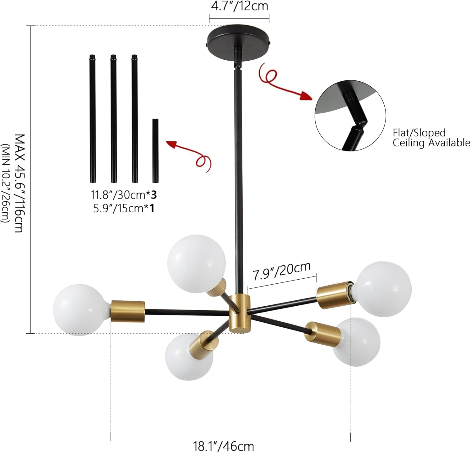 5-light sputnik ceiling light black & gold pendant light metal hanging light