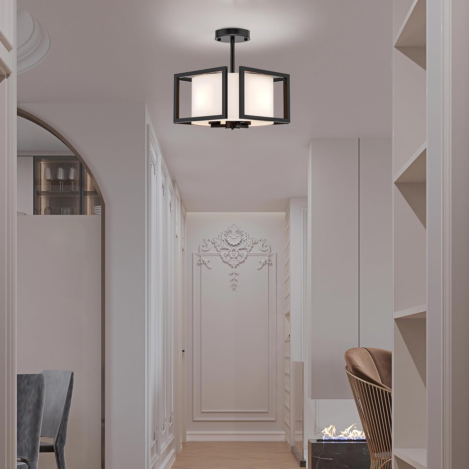 Modern ceiling light black drum light metal+farbic hallway light