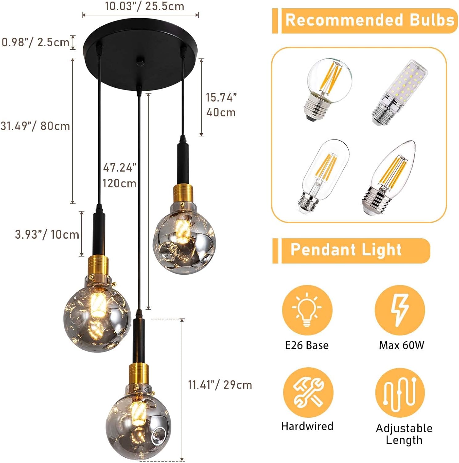 3-light pendant light black and gold kitchen light glass, acrylic hanging light