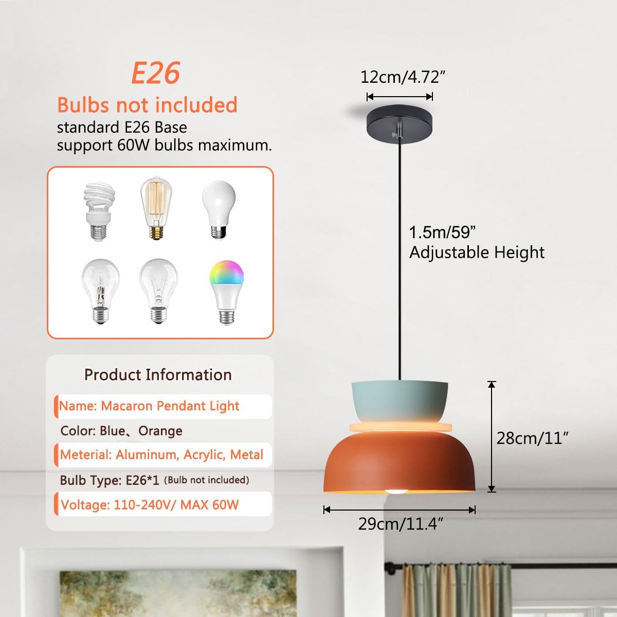 Transparency pendant light orange and navy fixture light aluminum,acrylic foyer light