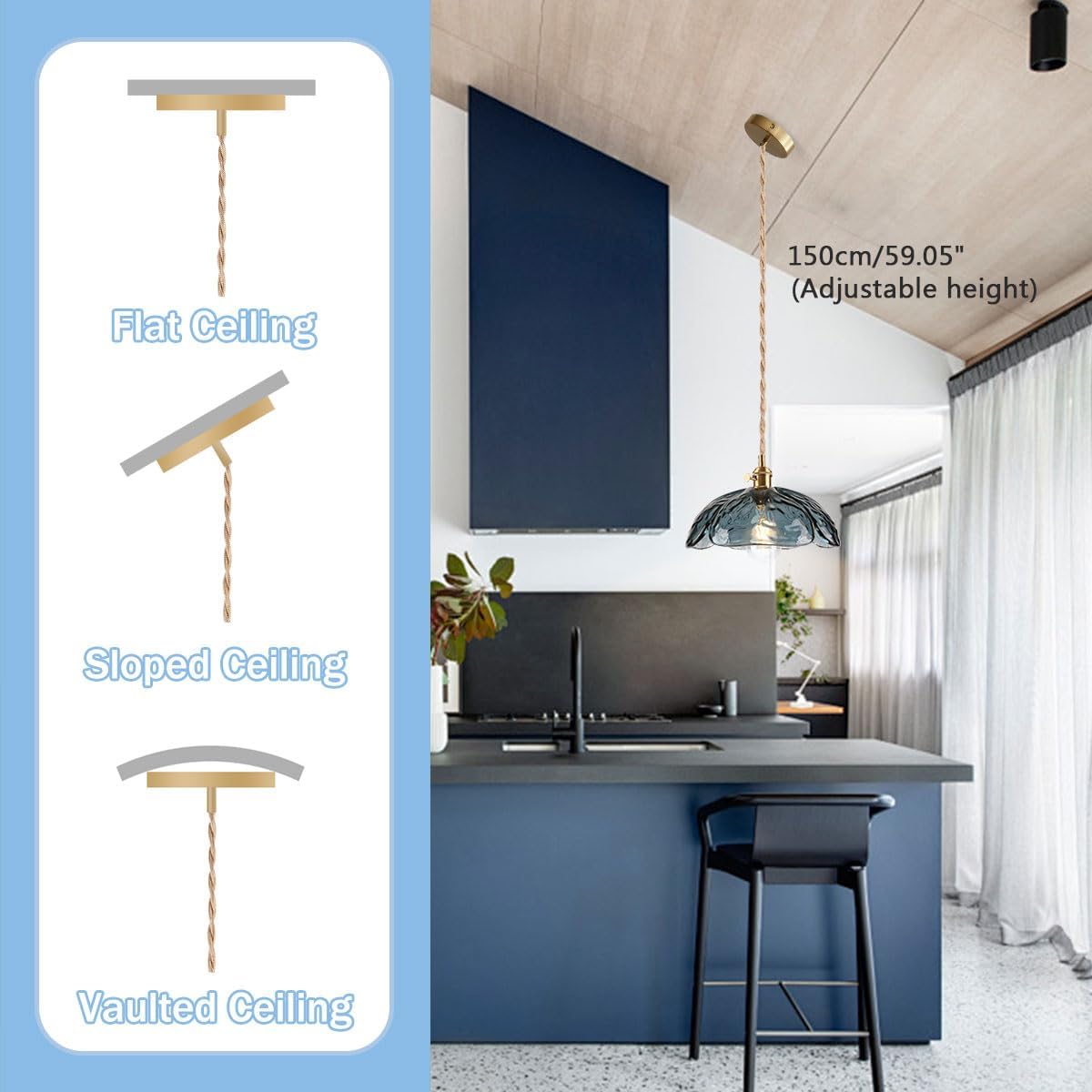 1-light pendant light blue kitchen light brass, glass bedroom light