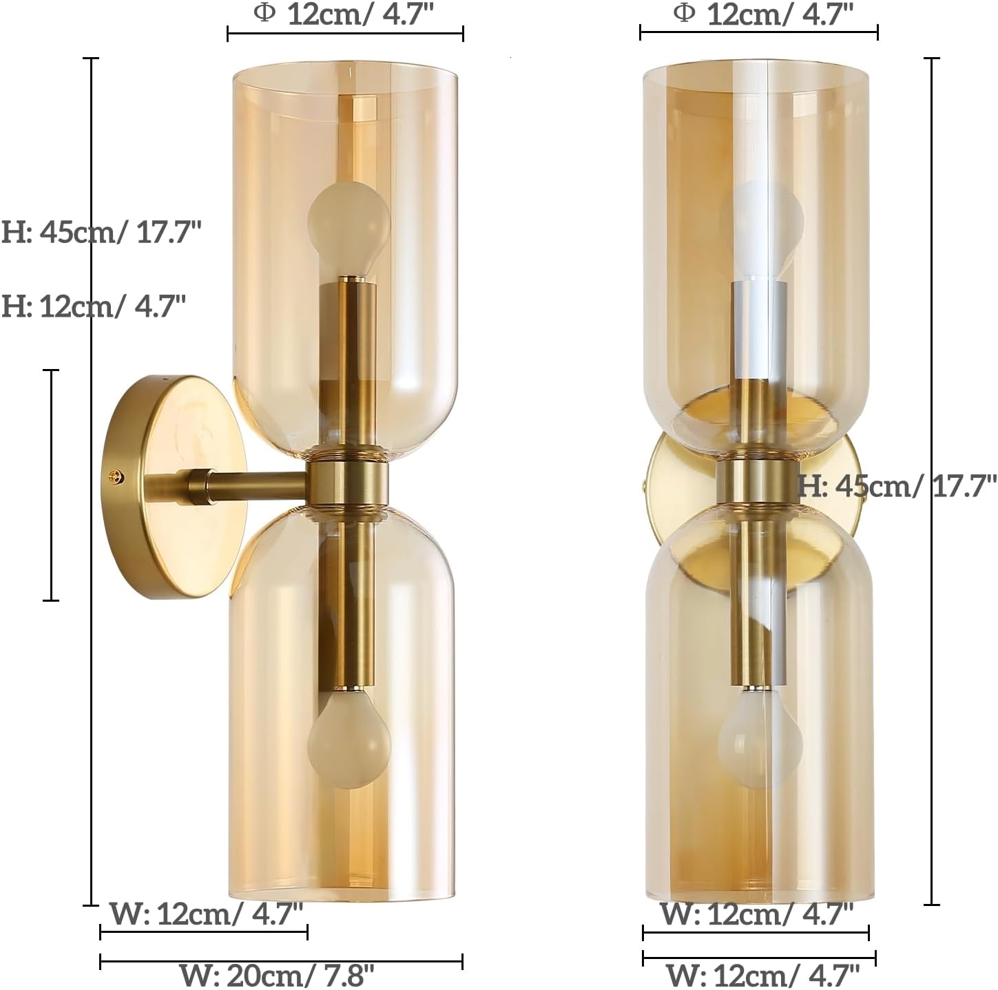 2-light vanity light amber decor lights glass, metal wall light