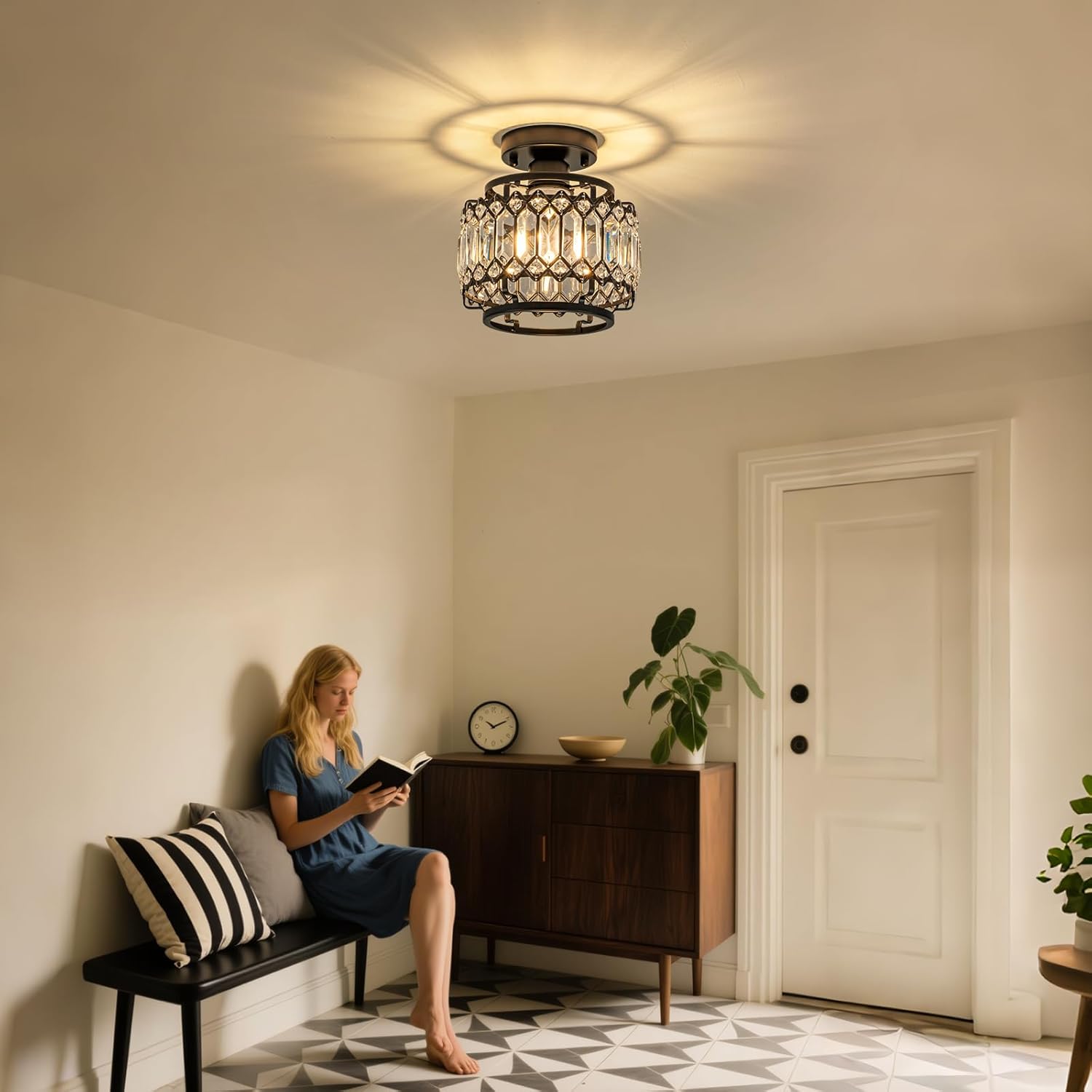 Led chandelier light black+clear entryway light glass, metal ceiling light