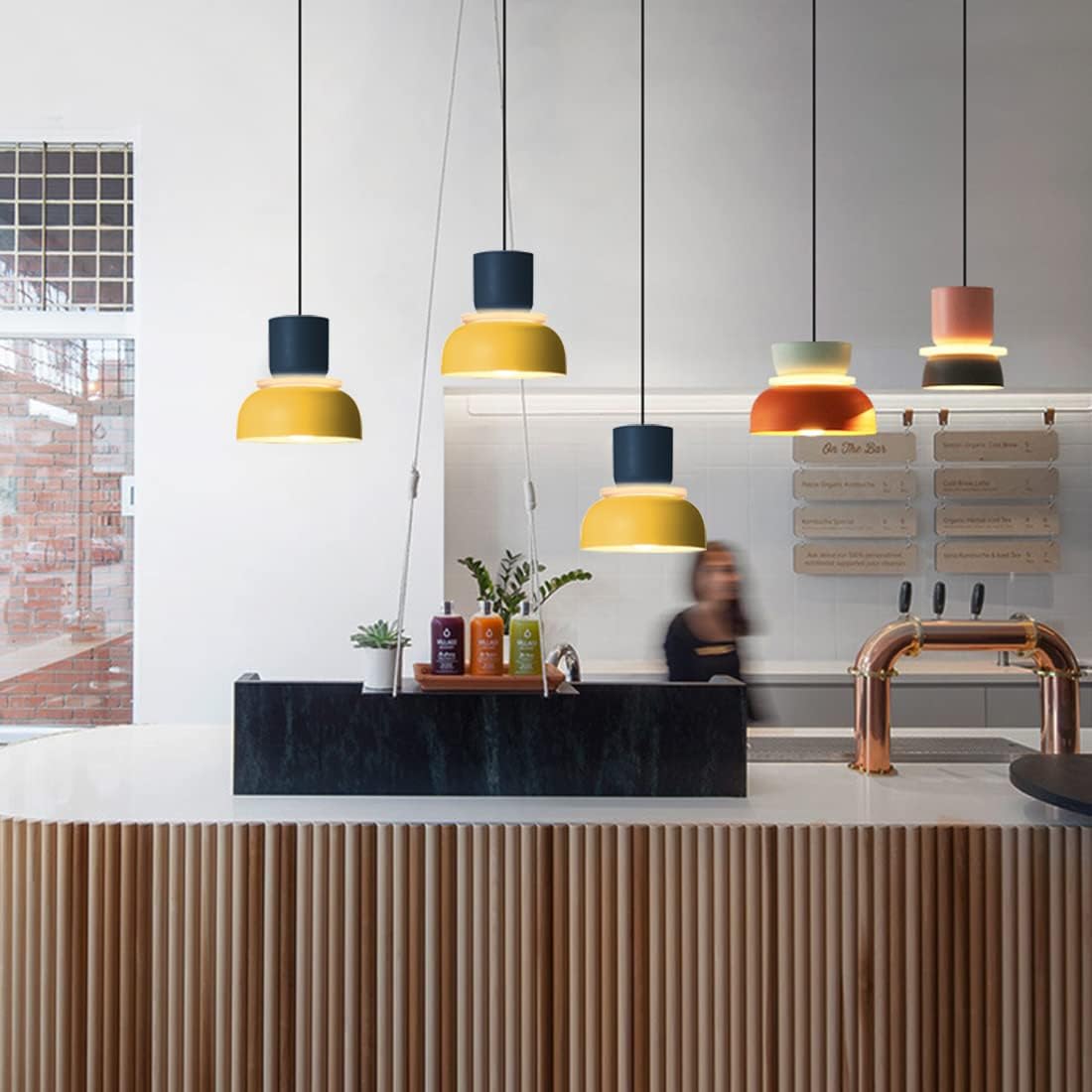 Industrial dining room light yellow and blue hanging light aluminum acrylic pendant light