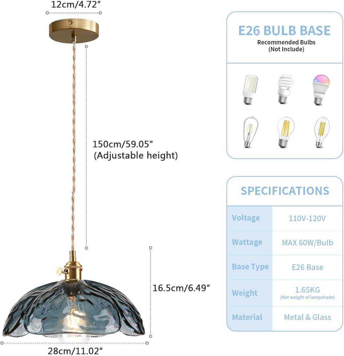 1-light pendant light blue kitchen light brass, glass bedroom light