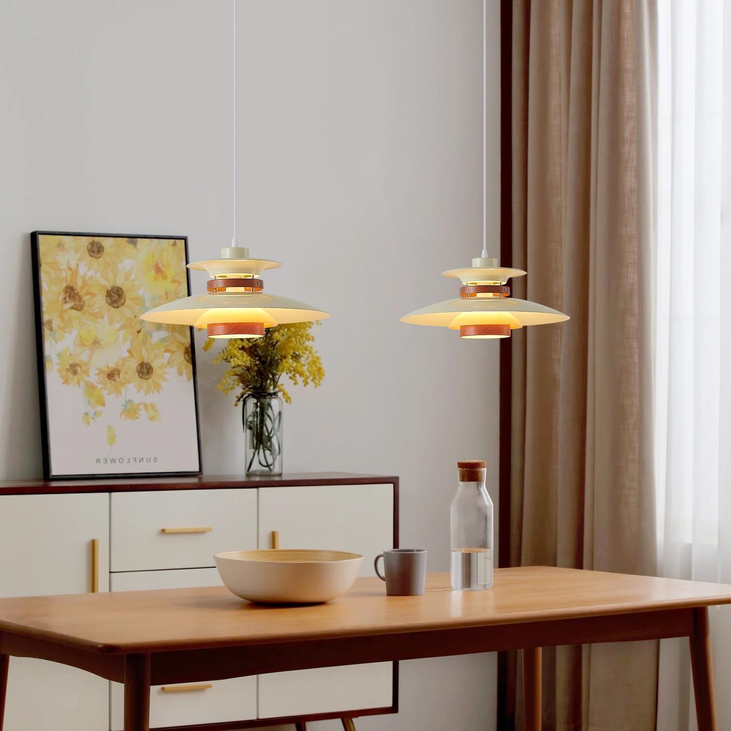Adjustable dining room light beige+dark wood pendant lamp wood, metal hanging light