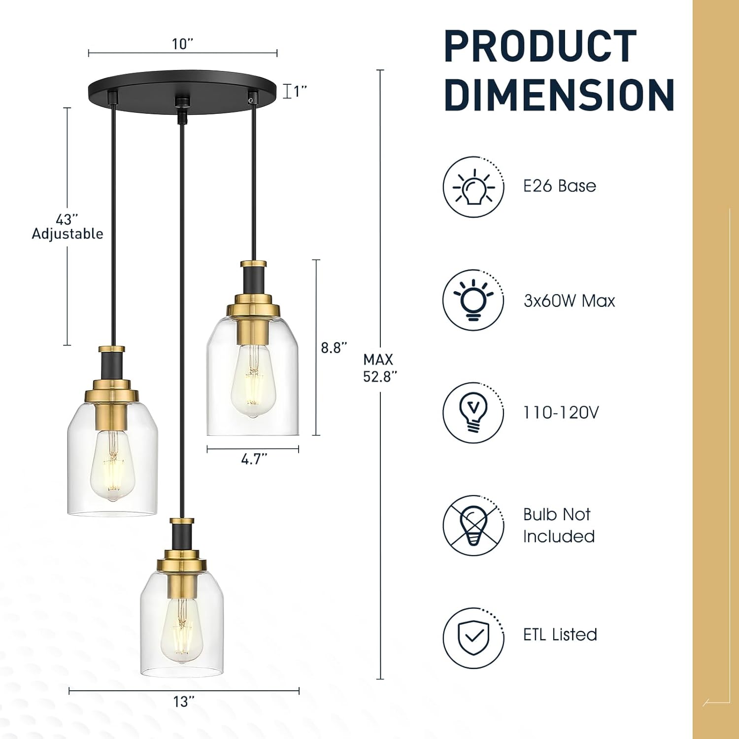 3-light pendant light black & gold hanging lamp glass, metal corridor light