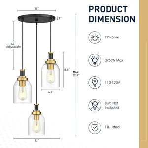 3-light pendant light black & gold hanging lamp glass, metal corridor light