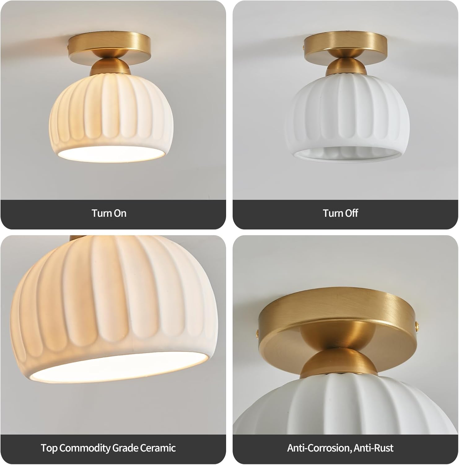 2 pack ceiling light gold flush mount light ceramic, iron porch light
