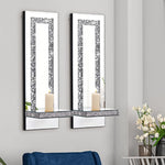 Set of 2 candle light silver wall light wood, mirror & glass decor light