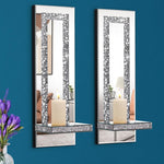 Set of 2 candle light silver wall light wood, mirror & glass decor light