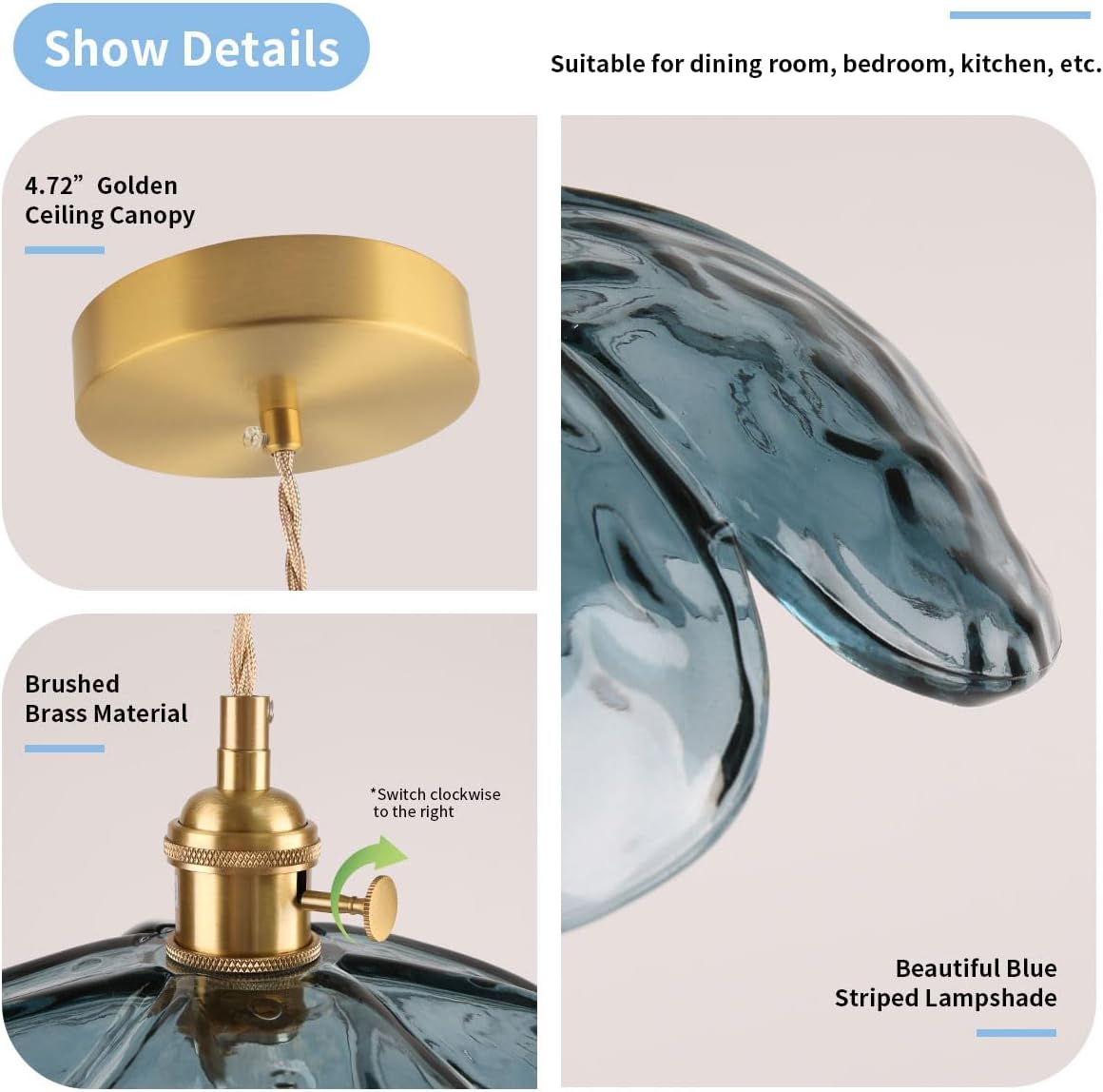1-light pendant light blue kitchen light brass, glass bedroom light
