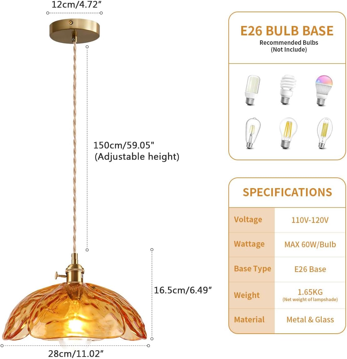 Adjustable hanging light amber pendant light brass, glass kitchen light