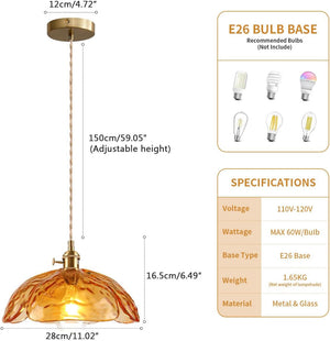 Adjustable hanging light amber pendant light brass, glass kitchen light