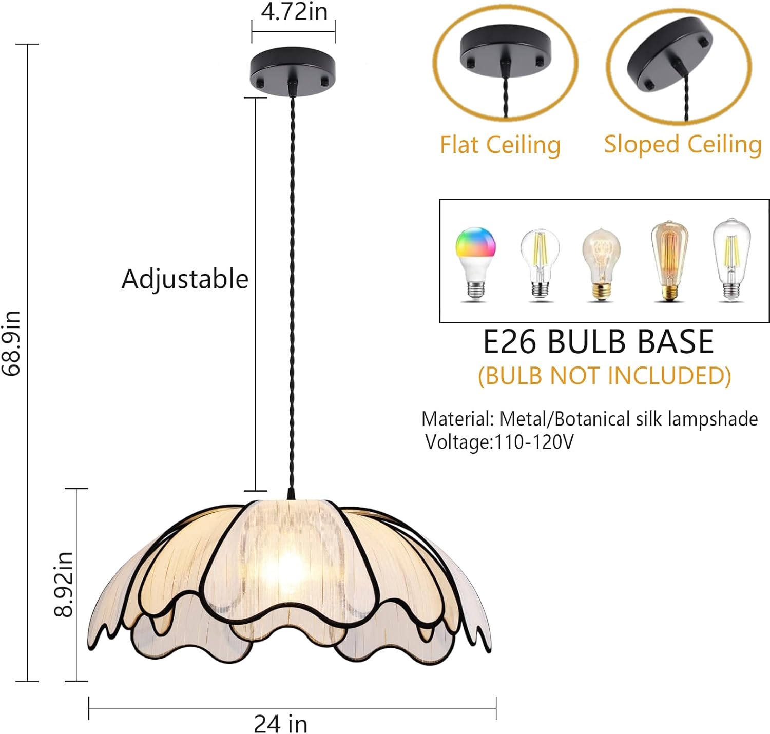 24 inch chandelier light black/white hanging light metal + plant silk pendant light