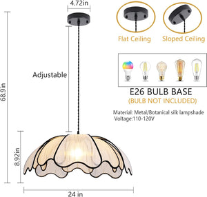 24 inch chandelier light black/white hanging light metal + plant silk pendant light
