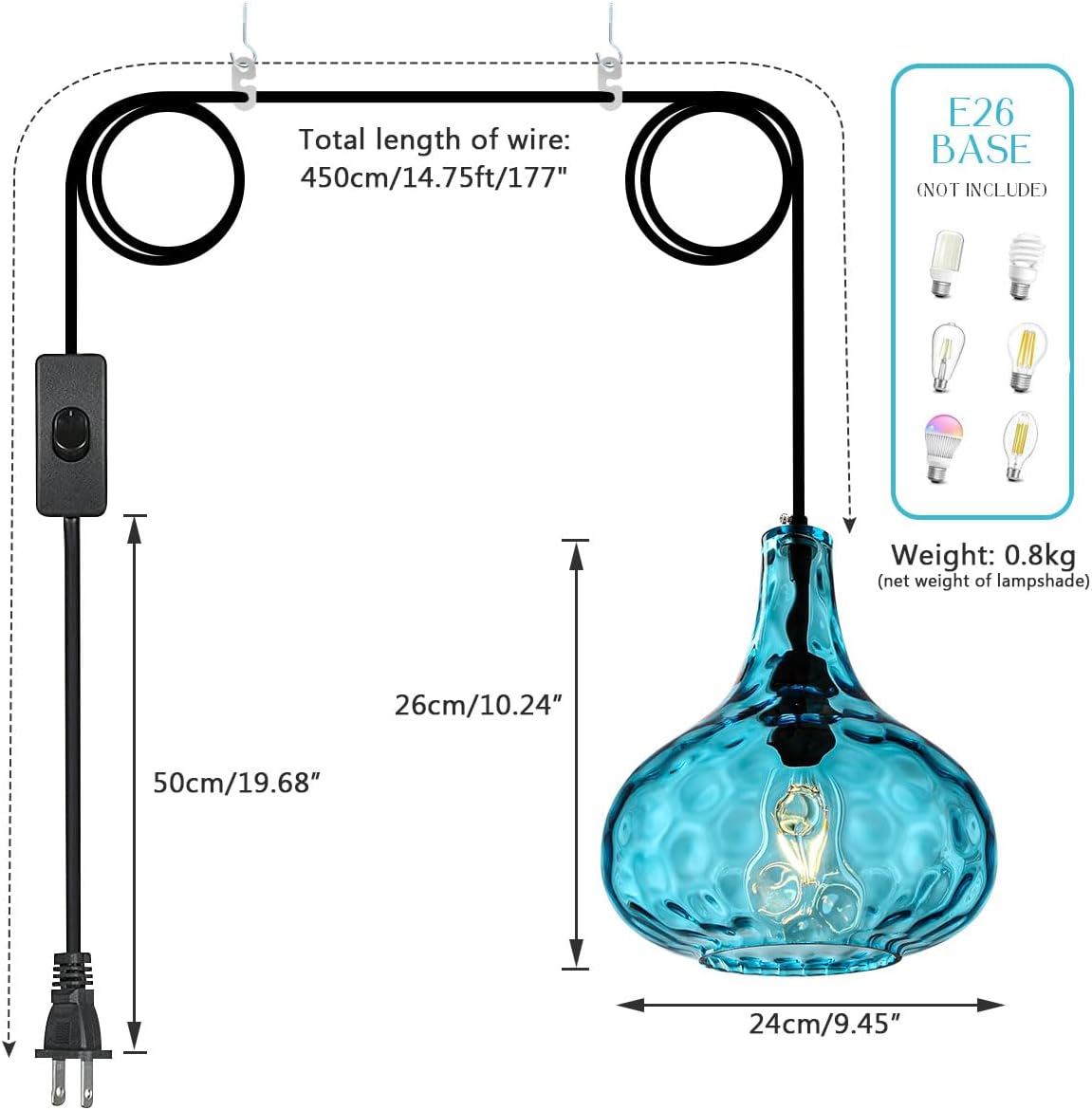14.7 ft cord pendant light blue hanging light glass,metal bedroom light