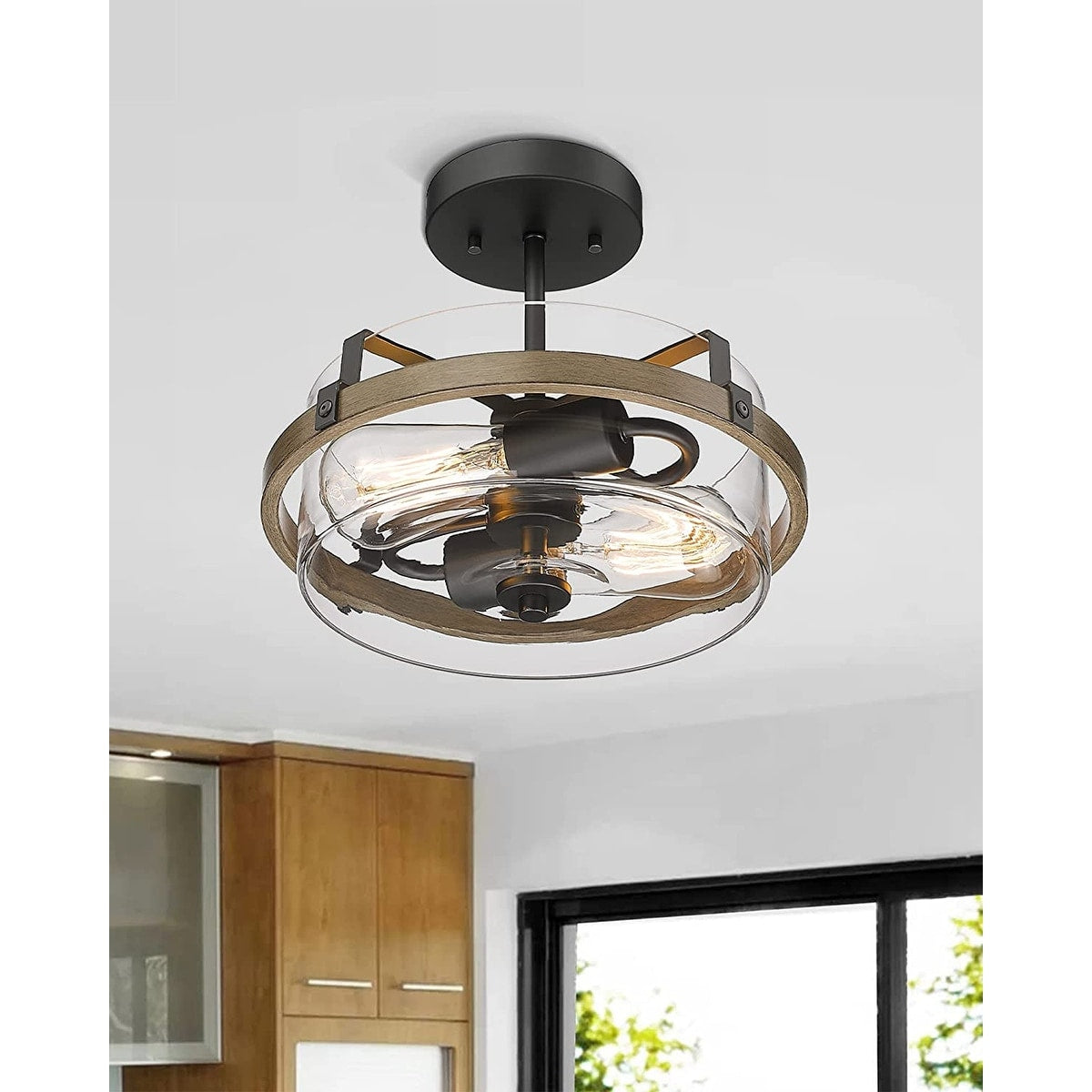 2 light industrial semi flush mount lamp glass black ceiling lighting fixture