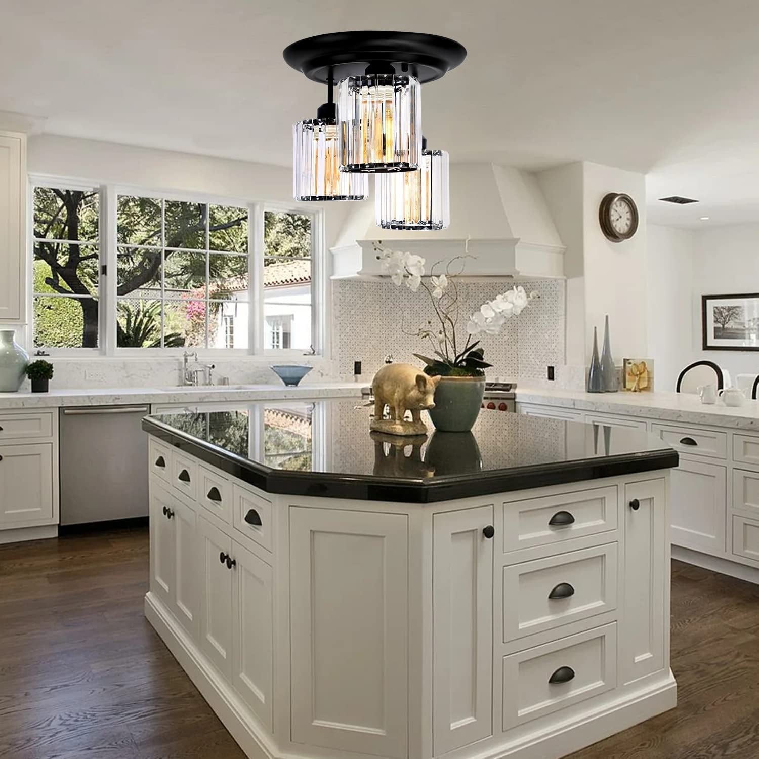 3 light crystal semi flush mount ceiling light black industrial crystal close to ceiling lamp