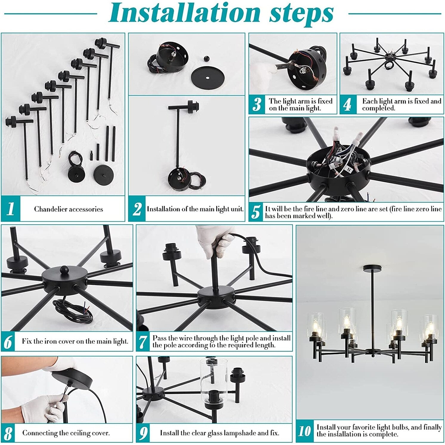 8 light black chandelier farmhouse glass pendant hanging light fixture