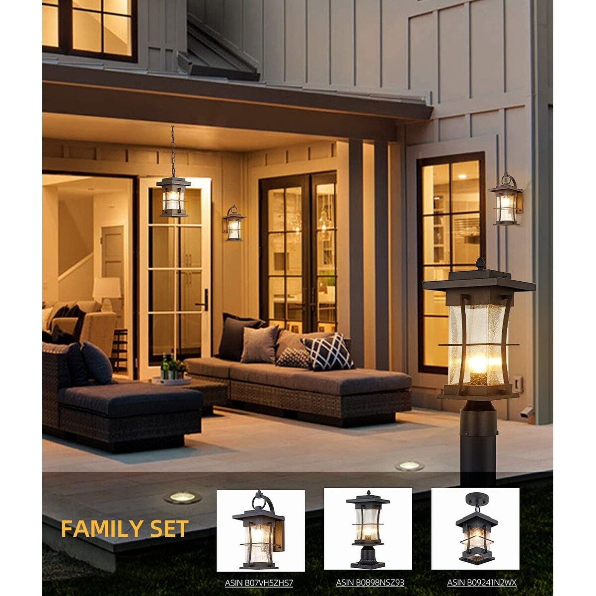 Black exterior wall fixtures with seeded glass shade