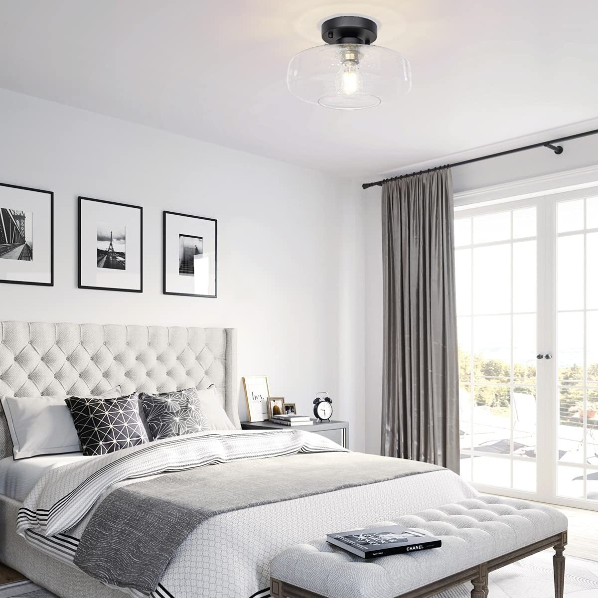 Farmhouse Semi Flush Mount Close to Ceiling Lights industrial black ceiling lighting fixture with glass shade