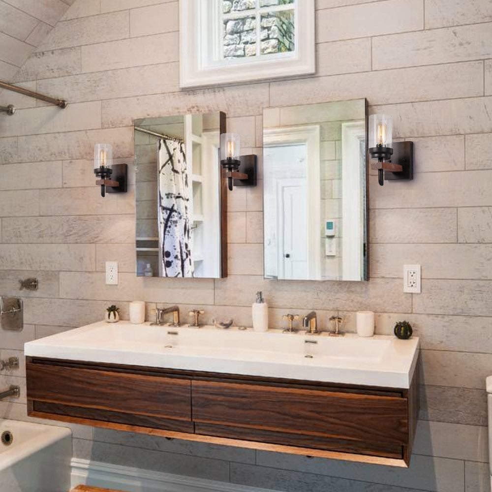 Vintage industrial seeded glass & wood wall sconce