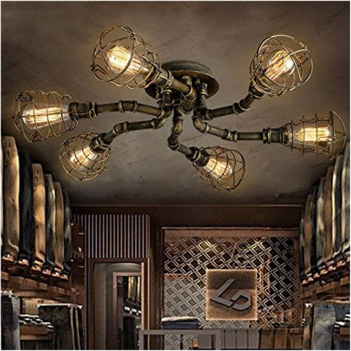 6 light industrial pipe ceiling light with rust finish