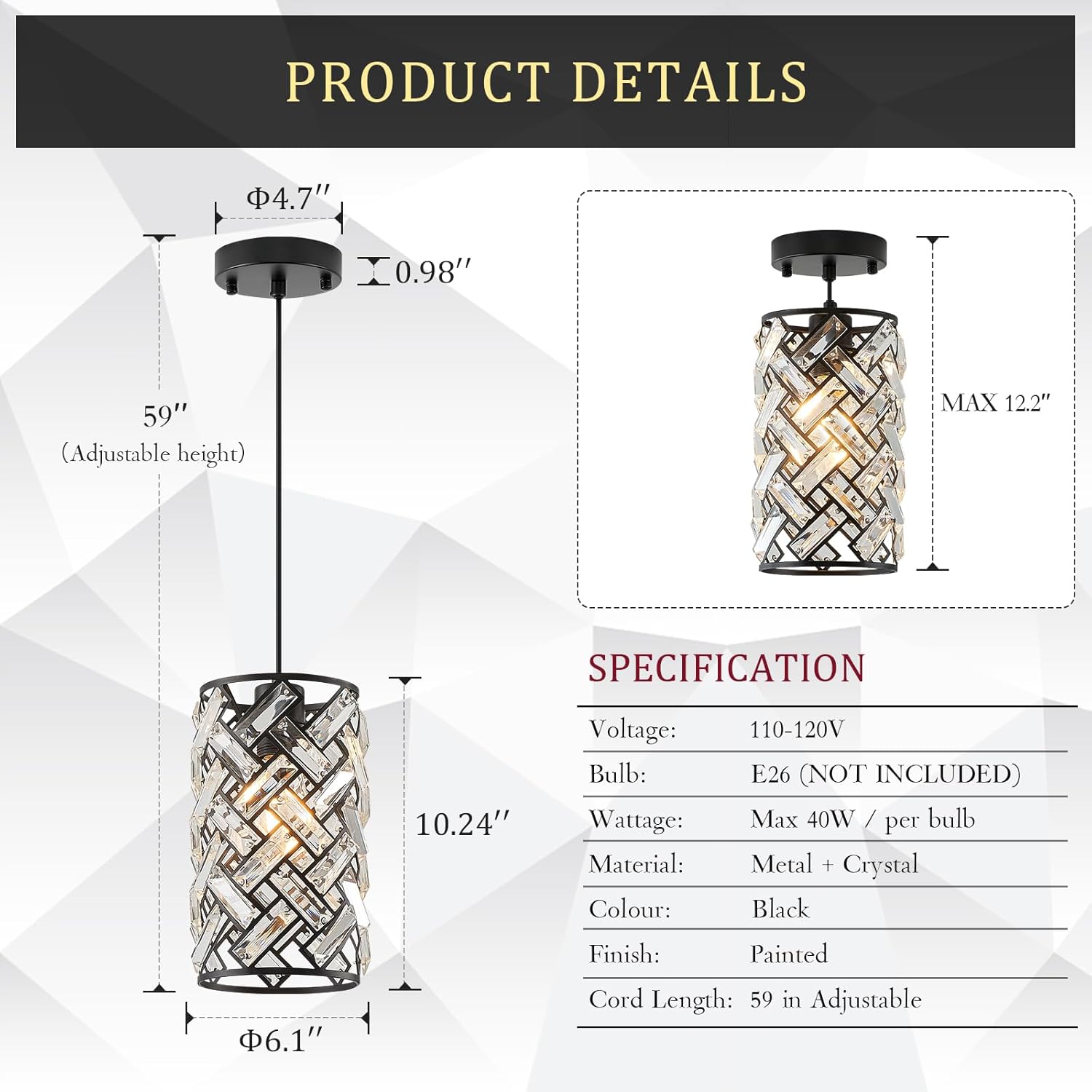 Farmhouse chandelier light black porch light crystal, metal pendant light