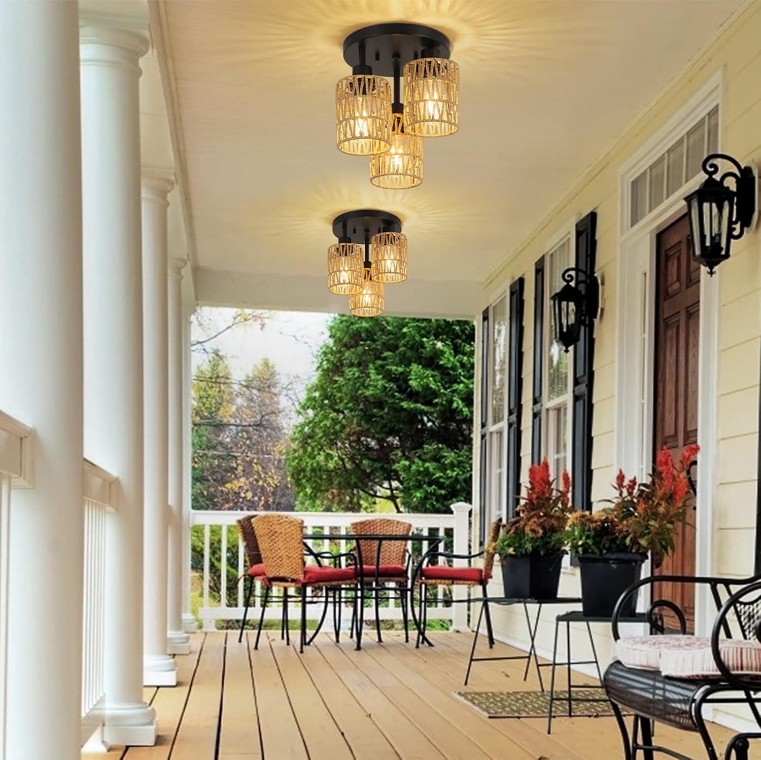 3-lights ceiling light black kitchen light rattan, metal flush mount light