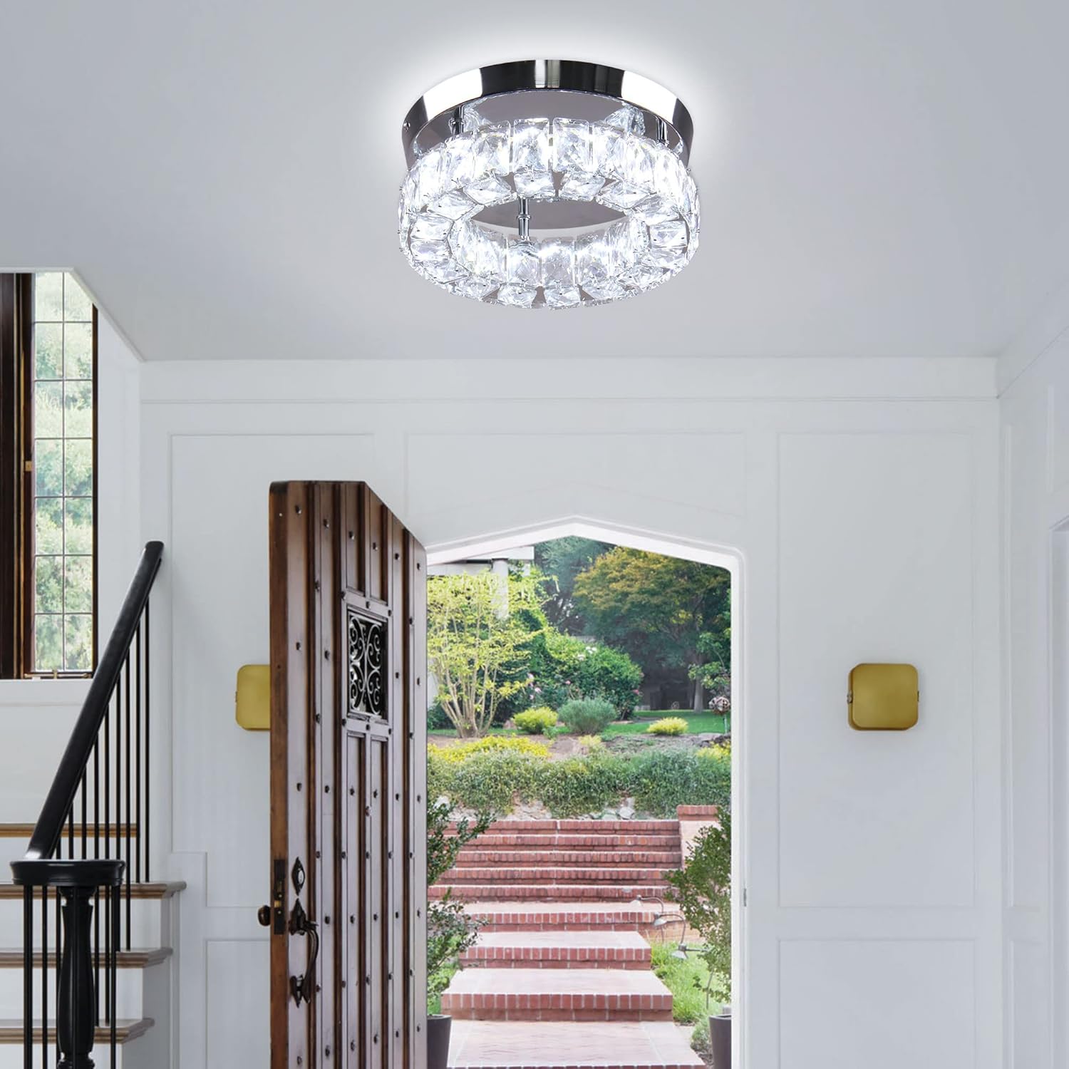 Led ceiling light chrome-multi-colored entryway light crystal ,steel hallway light