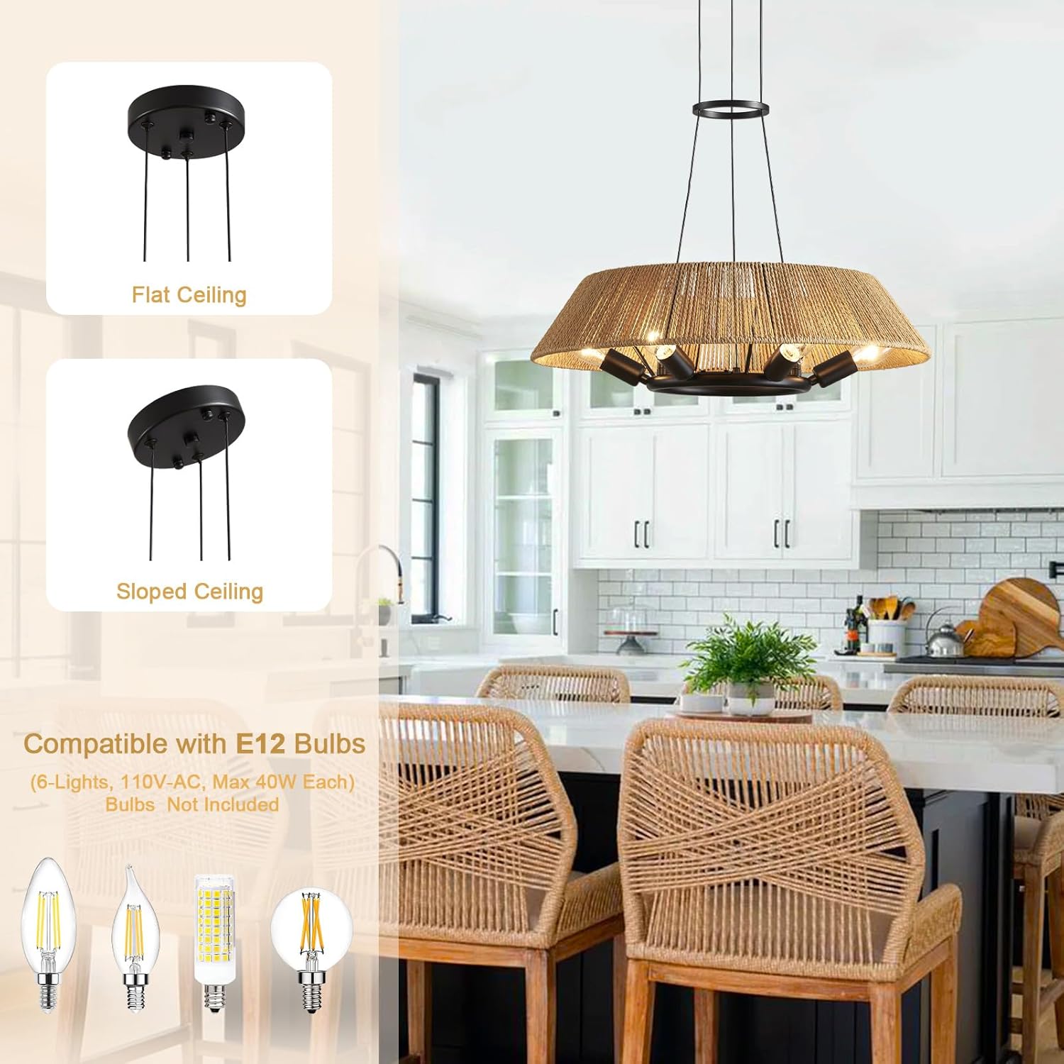 6-light dining room light brown chandelier light rattan pendant light