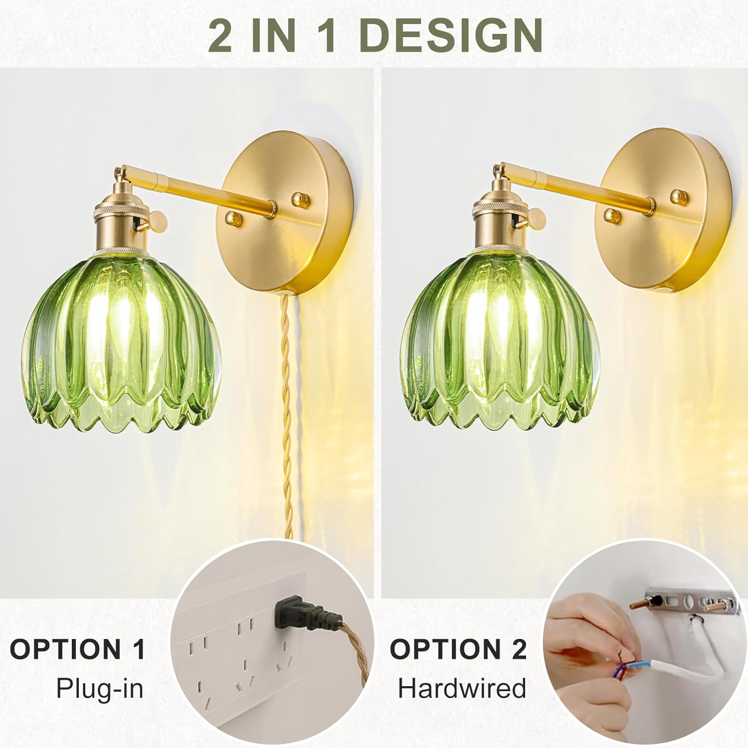 Set of 2 flower light green vintage light glass, metal wall light