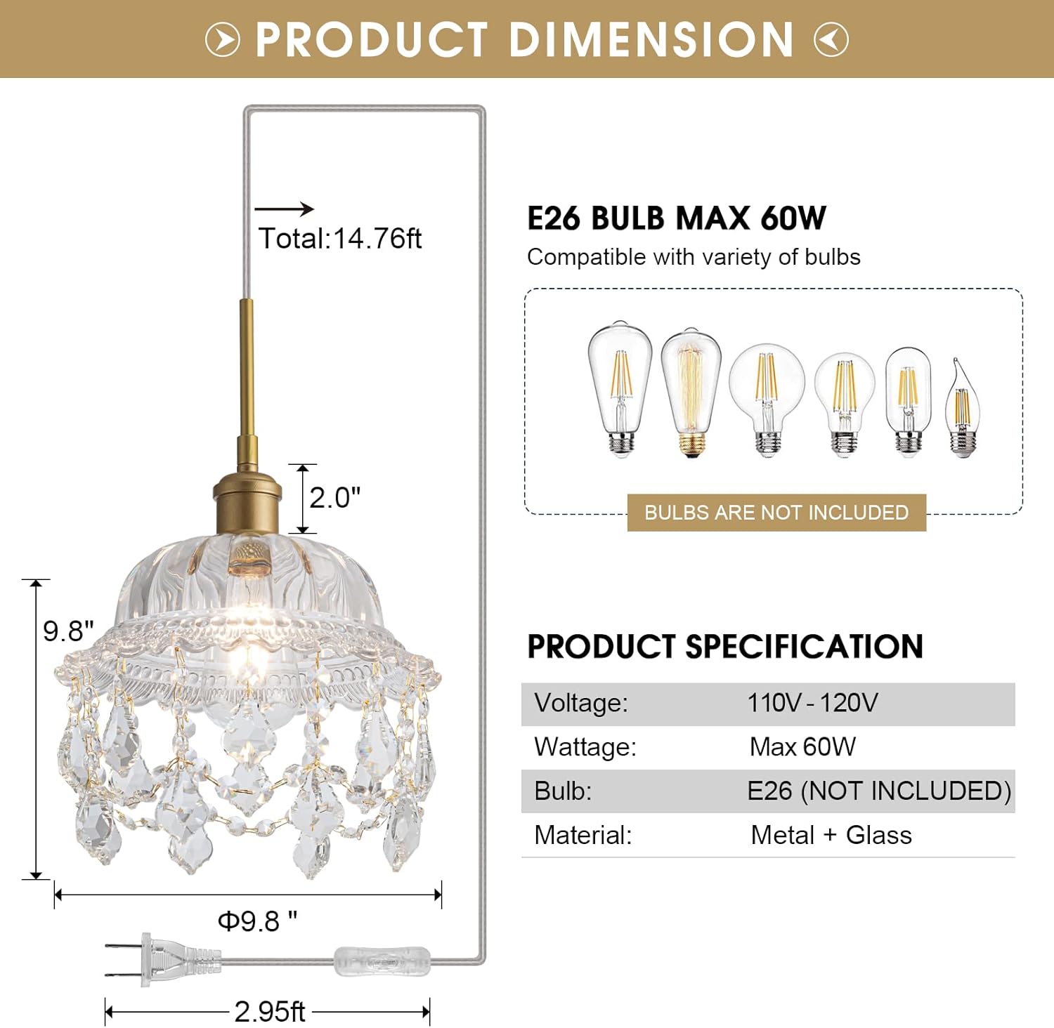 9.8 inch kitchen light clear pendant light glass metal bedroom light